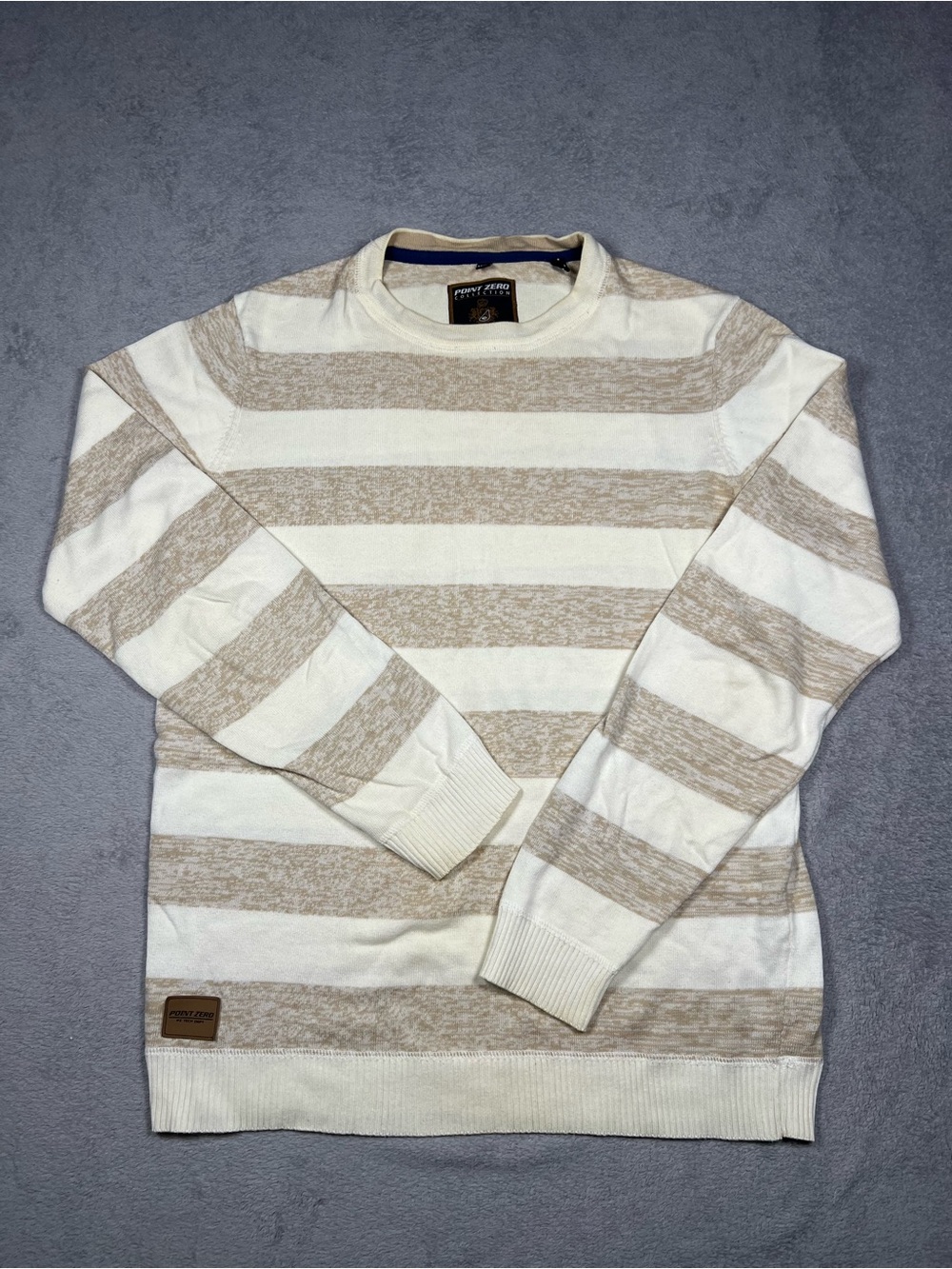 Point Zero Cream and Tan Striped Crewneck Sweater